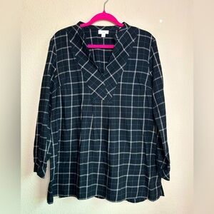 J. Jill Black & Gray Windowpane Plaid Check Brushed Cotton V-Neck Tunic Blouse M